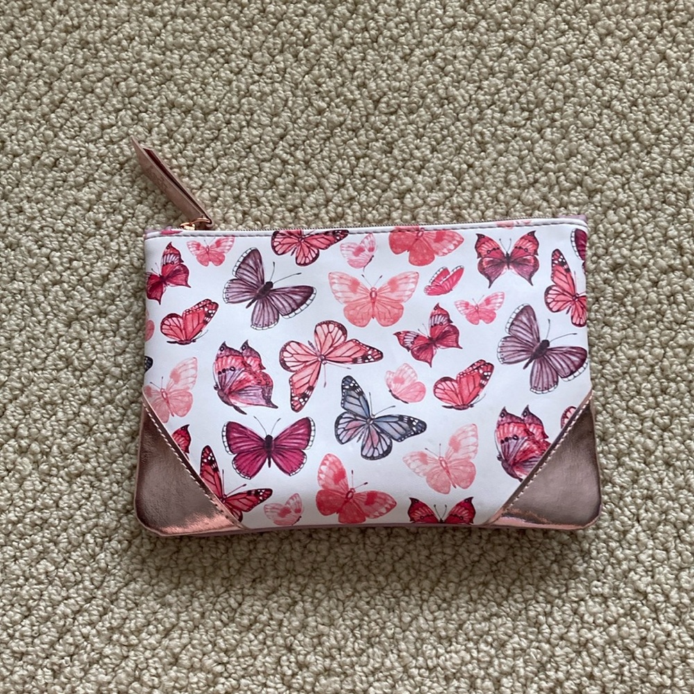 Ipsy Cosmetic Case Butterfly Pink Purple Bag Shiny 5” x 7.5” Like New